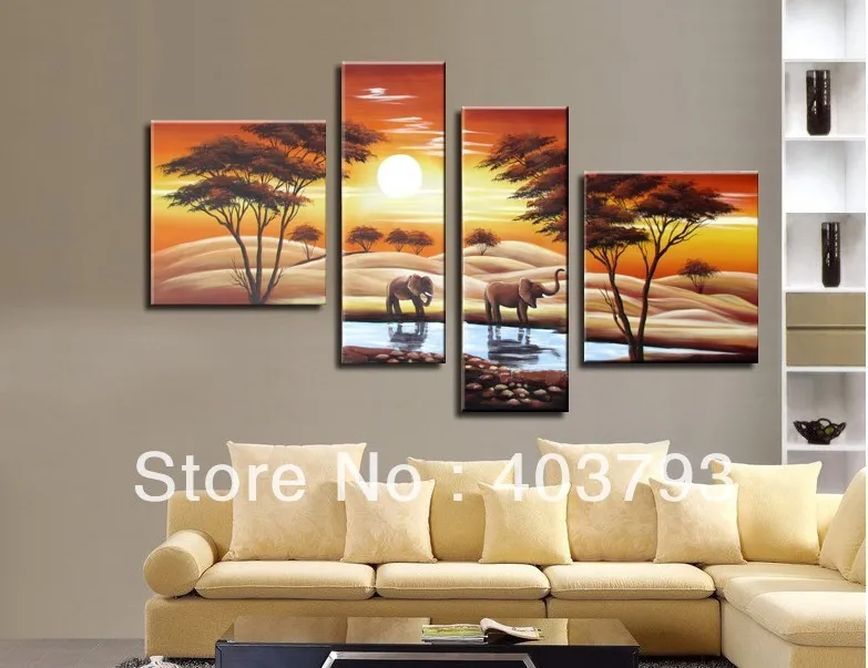 modern abstract fashion  oil painting on canvas Huage wall art   sunset elephant drinking landscape  free shipping