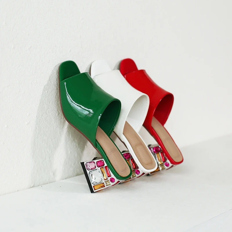 Meotina/Женская обувь; летние шлепанцы из натуральной кожи со стразами; обувь на толстом высоком каблуке; босоножки из лакированной коровьей кожи; цвет красный, 43