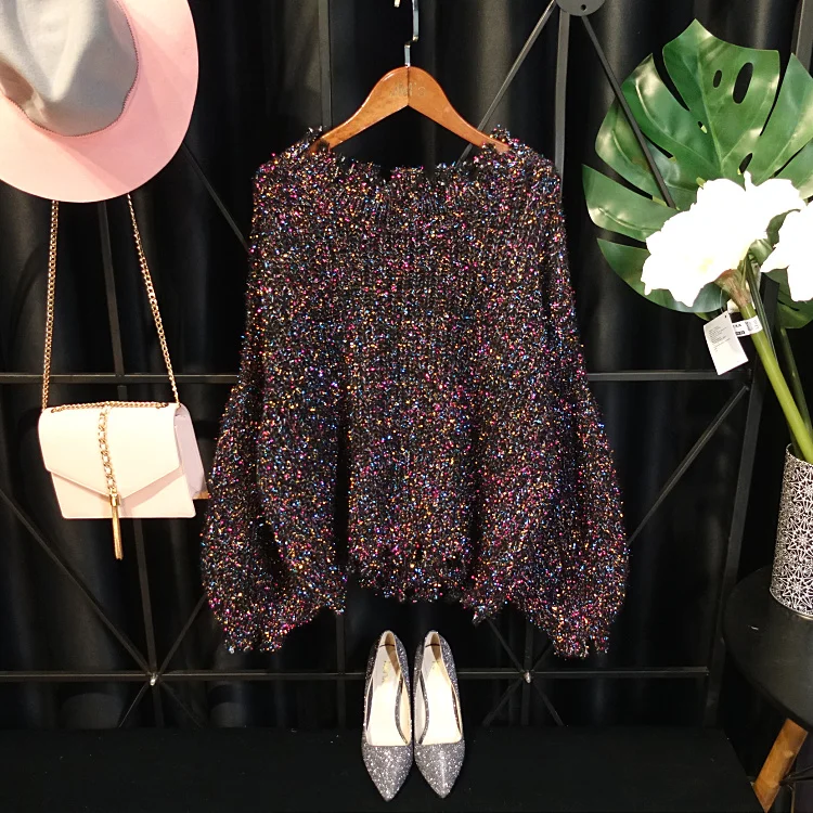 Hot gold lurex Knit Top Women Long Lantern Sleeve Big O-neck Holes Ripped Loose Embellish Sweater Jumper Pull Girl | Женская одежда