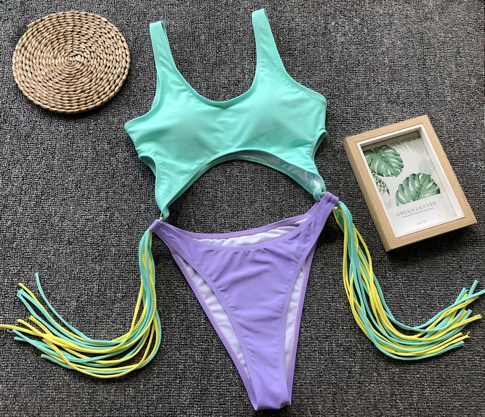 

Leopard brazilian one piece swimsuit High Cut Swimwear Women 2019 hollow out Push up swimwear Tassel one-piece suits swim suits