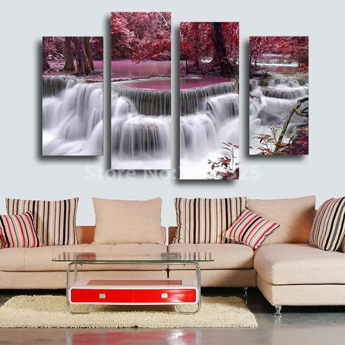 Красные Деревья и водопад Hd настенные фотографии Современный домашний декор 4 шт.