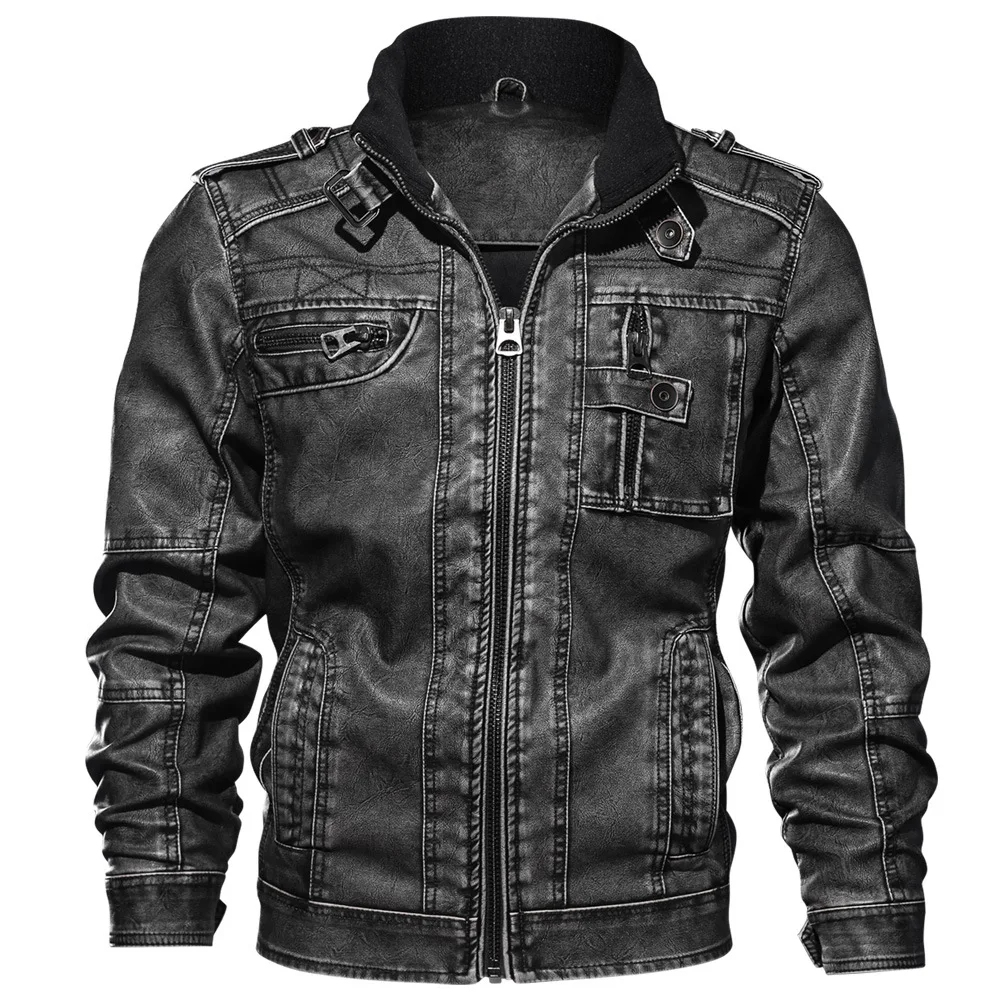Мужские кожаные куртки с длинным рукавом и воротником-стойкой на молнии