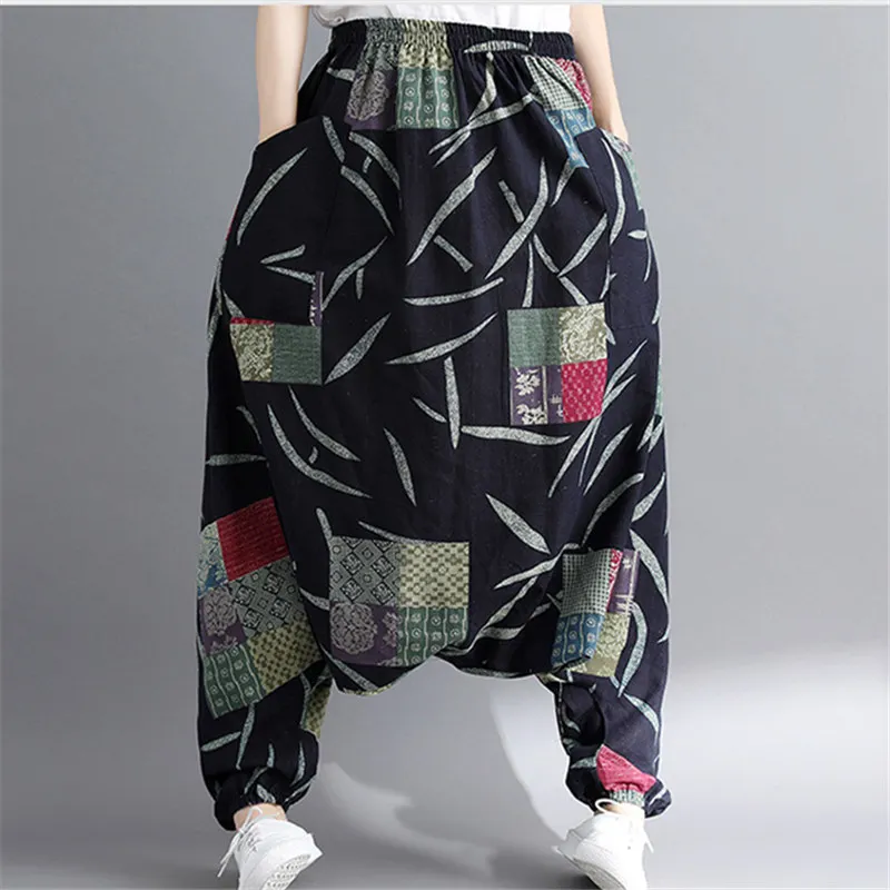 Женские штаны-шаровары Boho, свободные, негабаритные, смешанный хлопок, уличная одежда, хип-хоп танцевальные брюки, этнический принт, брюки хиппи