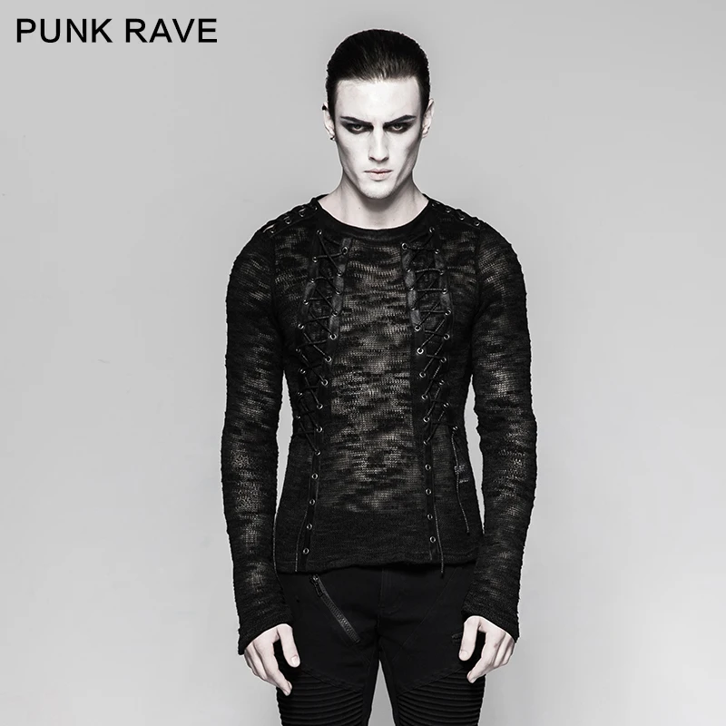 Punk Rave Men's Sexy Hollow-out Strappy Sweater Top Shirt Black Banaged Rock performace Top T474