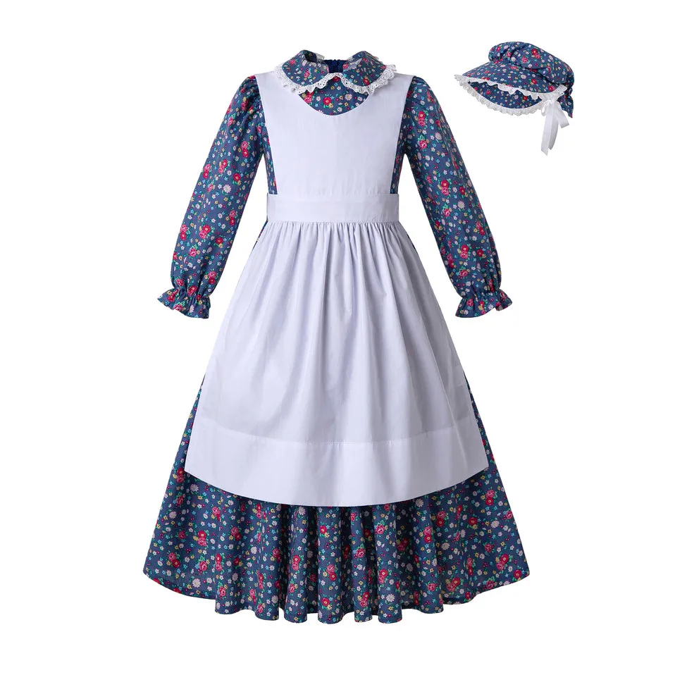 Pettgirl Flower Print Maxi Dress For Girls With White Apron And Hat Russia Style Kids Costumes Long Party Dresses | Детская одежда и