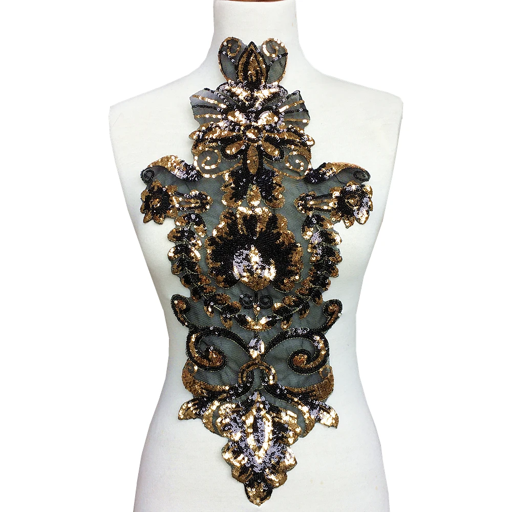Золотые черные с блестками в стиле барокко вышивкой бусинами для одежды