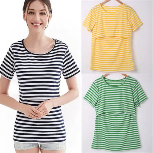 Summer 100%Cotton Nursing Clothes Striped T-shirt Simple Breastfeeding Breathable Maternity Tops | Женская одежда