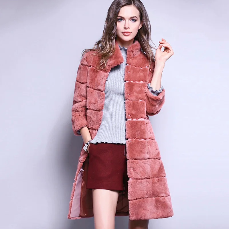 Розовый LVCHI Winter2017 натуральное пальто из кроличьего меха Рекс женская Мандарин Воротник девять четверть Средний Повседневный офисный женский узкий теплый пальто - Цвет: Розовый
