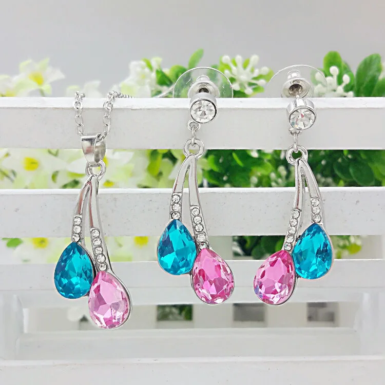 Новинка, женский модный ювелирный набор, посеребренный ювелирный набор, Кристальные серьги и ожерелье для свадьбы, ювелирные изделия для невесты - Окраска металла: rose red blue