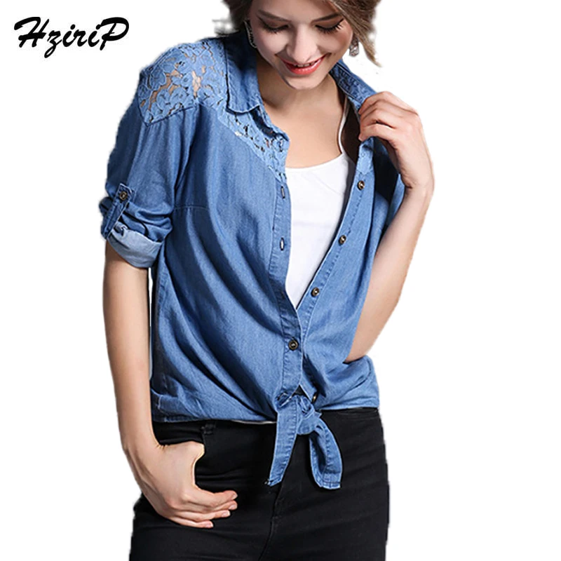 HziriP 2017 Euramerican Women Denim Tops Long Sleeve Shirts Lace Single Breasted Office Plus Size Female Blouse Spring Summer |