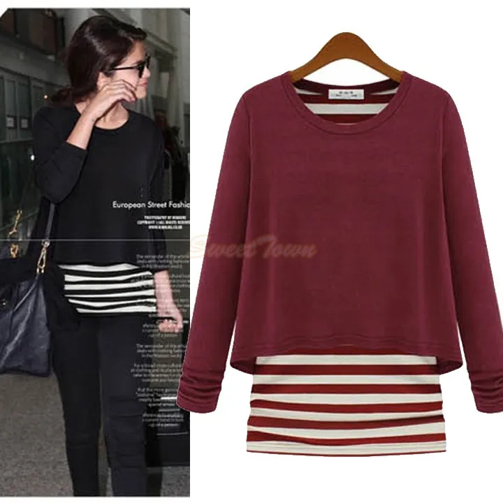 Celeb Style Long Sleeve Striped Cotton Tops False Two Piece T-Shirts Casual Tee 35 | Женская одежда