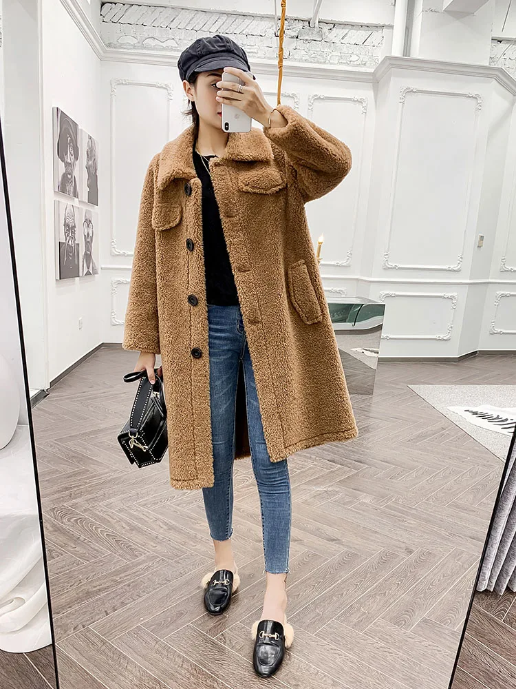 Новинка, гранулированная шерсть, Овечья стрижка, пальто для женщин, Мериносовая овечья шерсть, зимняя куртка, толстый мех, Размер большой, F1095