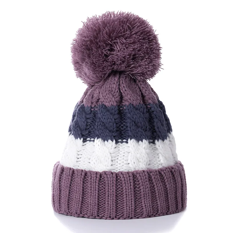 Purple Blue Новая теплая зимняя женская шапка, женская мягкая шапка с меховой подкладкой, теплый шарф для шеи, толстая цветная вязаная шапка в полоску, модная шапка с помпоном - Цвет: Purple Blue