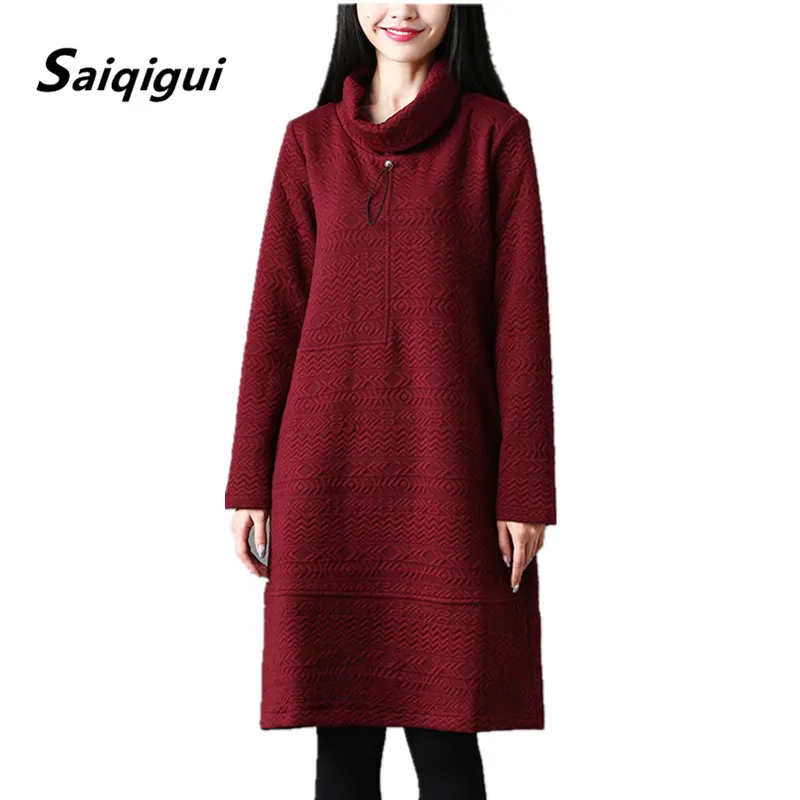 Saiqigui, осенне-зимнее платье, женское, с длинным рукавом, повседневное, свободное, одноцветное, хлопковое, нижнее платье, водолазка, а-силуэт, vestidos de festa
