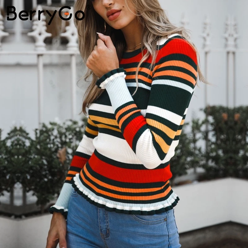 Женский вязаный джемпер в полоску BerryGo повседневный облегающий свитер с оборками