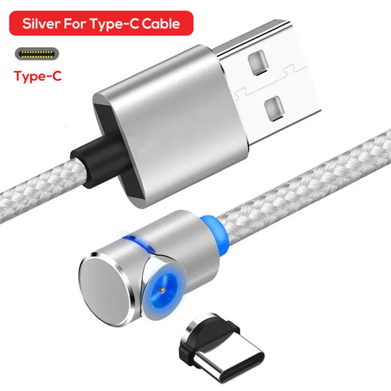 Silver For Type C Магнитный кабель Acgicea 90 градусов usb type C для зарядки samsung S8 S9 Plus Магнитная Быстрая зарядка для Xiaomi huawei кабели зарядного устройства - Цвет: Silver For Type C