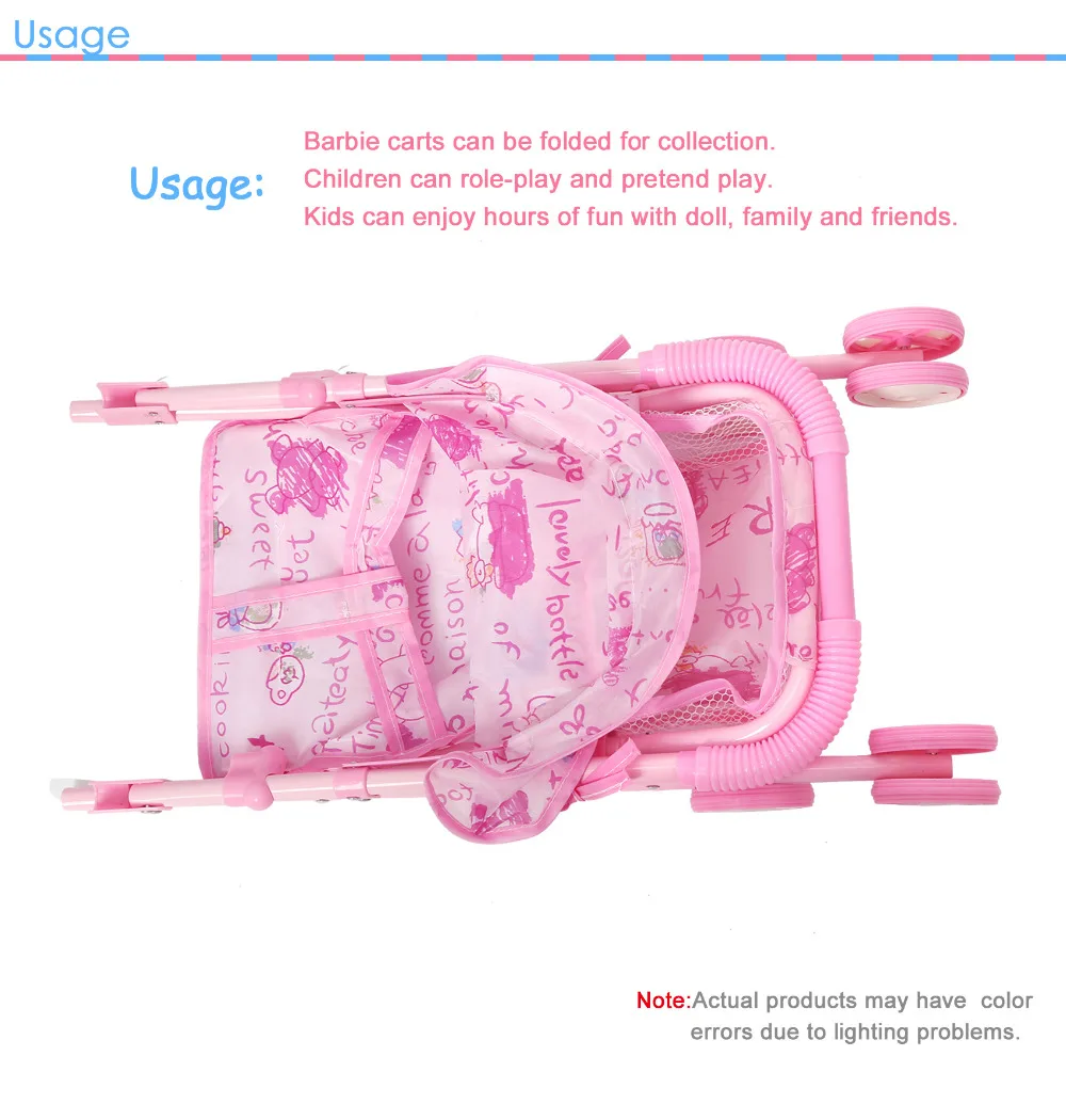 Аксессуары для кукол, детская коляска для кукол, розовая Складная двойная коляска для кукол с поворотным колесом и капюшоном
