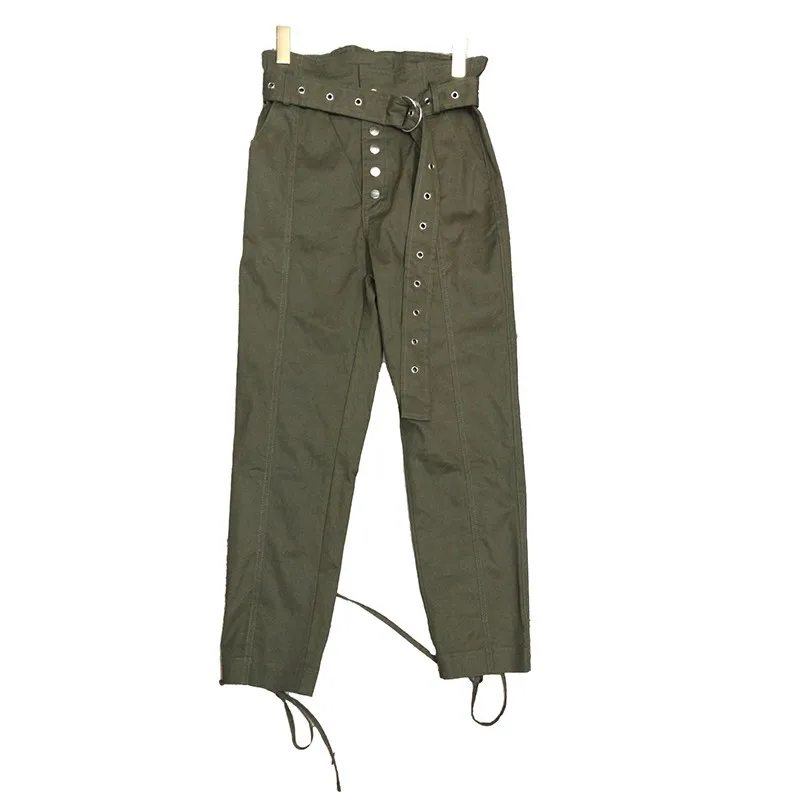 ArmyGreen TWOTWINSTYLE, одноцветные повседневные женские брюки с высокой талией, бандажи с пуговицами, узкие брюки до щиколотки, Женская мода, Весенняя Новинка - Цвет: ArmyGreen
