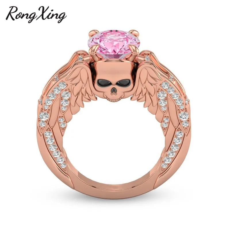 Rongxing старинный панк кольцо с черепом розовое золото круглые циркониевые кольца