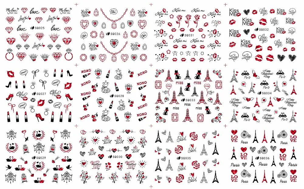 

UPRETTEGO 12 PACKS/ LOT SELF ADHENSIVE 3D NAIL ART NAIL SLIDER STICKER VALENTINE LOVER DIAMOND PARIS TOWER SWAN SQ025-036