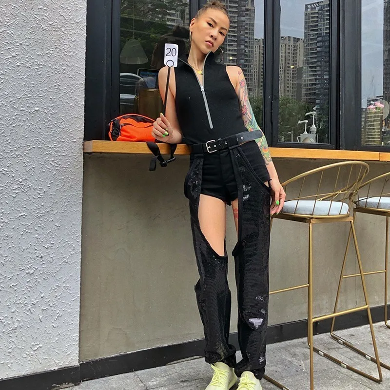 Женские прямые брюки TWOTWINSTYLE с высокой талией и блестками | Женская одежда