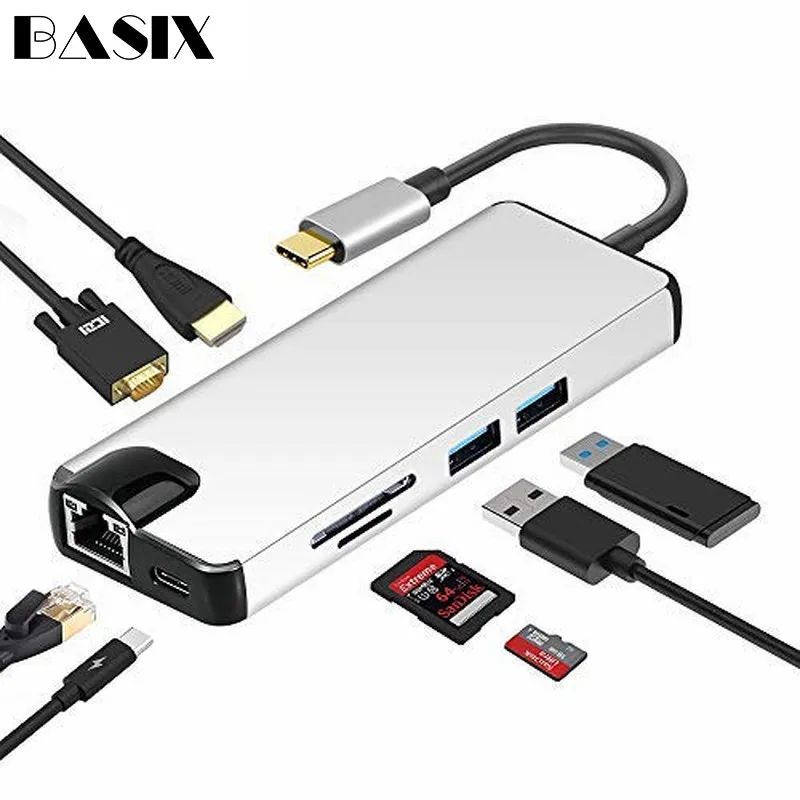 Basix USB C концентратор type c к HDMI VGA Gigabit Ethernet Lan RJ45 адаптер для Macbook Pro 2018 3 0 PD Порты и