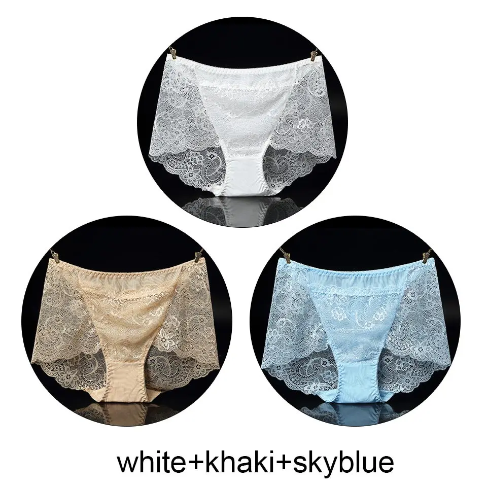 white khaki skyblue 3 шт., нижнее белье, женские сексуальные кружевные трусики, бесшовные трусики с высокой талией, прозрачные трусики, женское нижнее белье, трусы большого размера, новинка - Цвет: white khaki skyblue