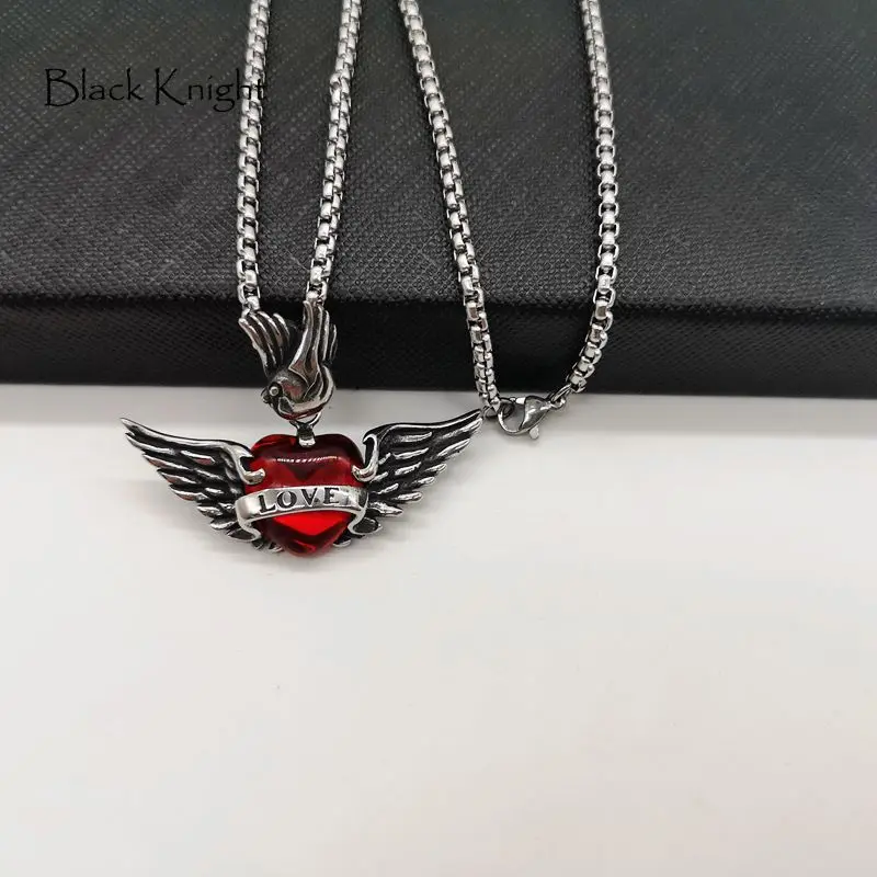 1pc Red stone Черный рыцарь романтические крылья Красное сердце любовь античное ожерелье с подвеской серебряное кольцо из нержавеющей стали Ангел крылья сердце ожерелье BLKN0767 - Окраска металла: 1pc Red stone