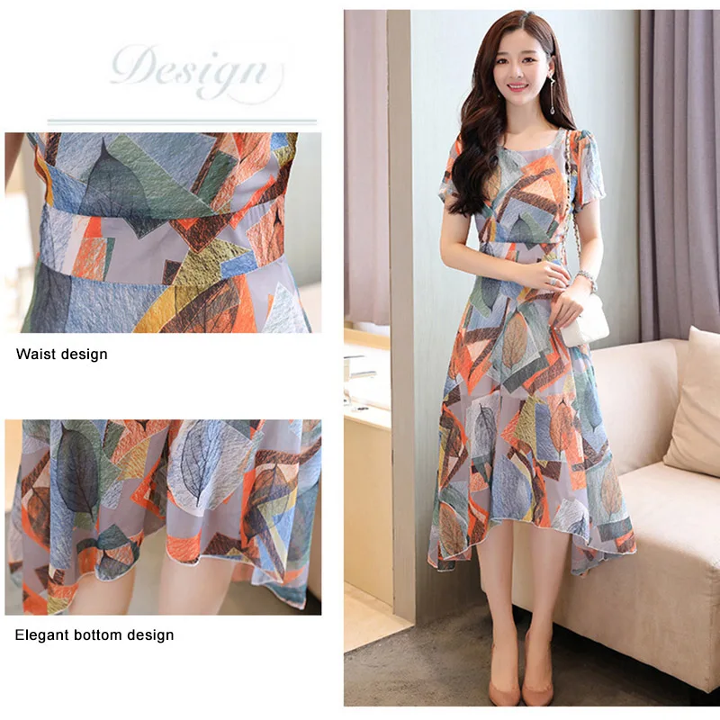 Женское платье с коротким рукавом круглый воротник принт тонкое для лета