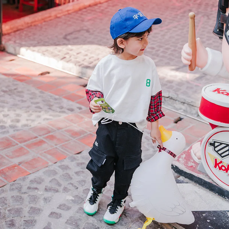 2019 Spring and Autumn tide boy's sweater children's color matching plaid round neck baby shirt boy cotton T-shirt | Мать и
