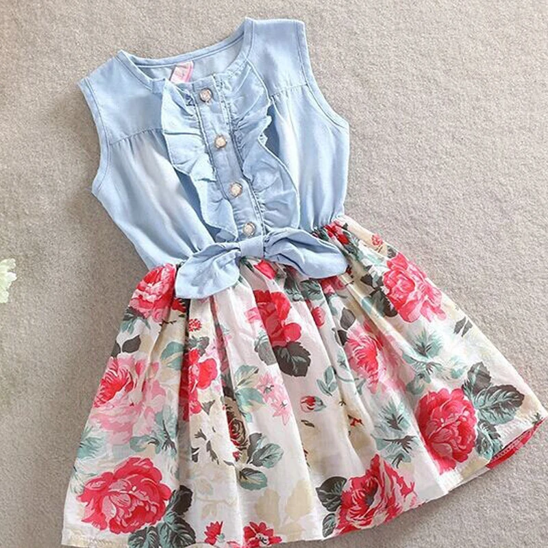Hot Sell Girls dresses Lovely Kid Jean Denim Bow Flower Ruffled Dress Sundress Clothing Costume 2-9 years old |