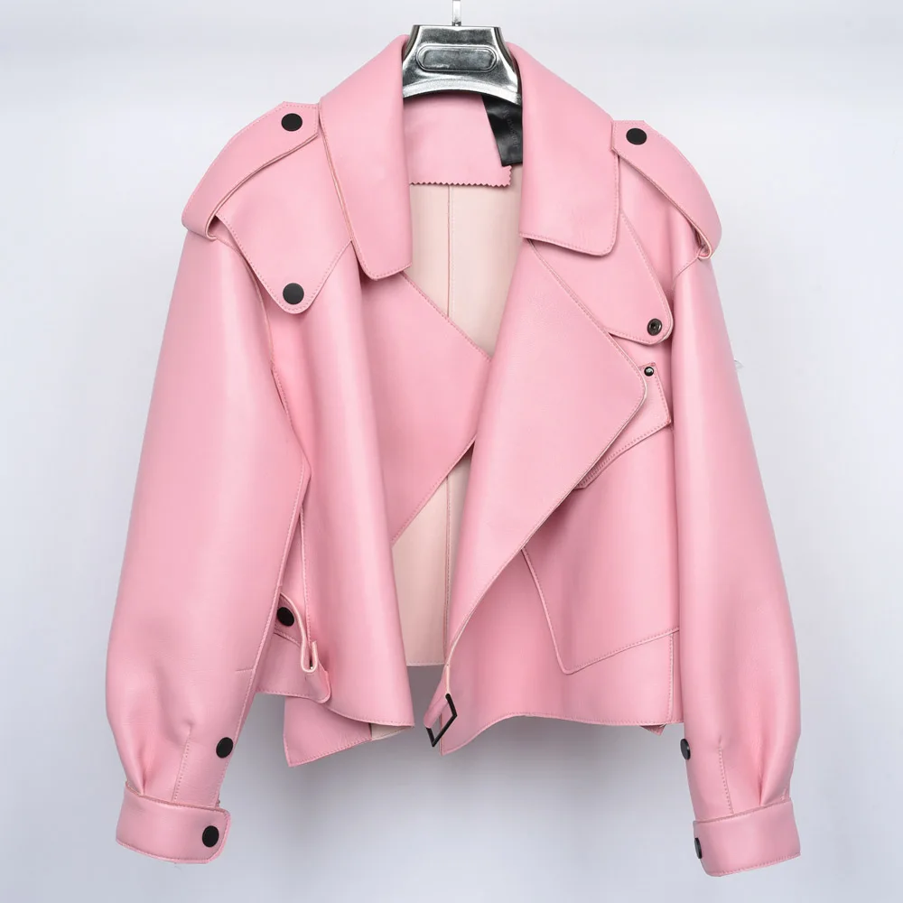 Pink 5 цветов Для женщин кожаная куртка Новая мода натуральной кожаные пальто леди весной из овечьей кожи S7547 - Цвет: Pink