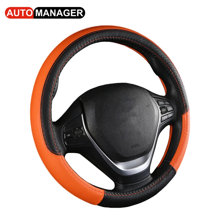 Orange Чехол рулевого колеса автомобиля Кожаная оплетка автомобильные оплетки чехлы на руль для автомобиля аксессуары для интерьера 15 дюймов - Название цвета: Orange