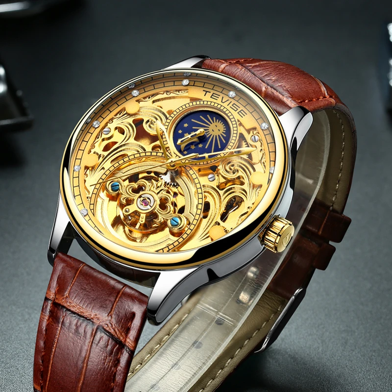Tevise кожаные механические Автоматические часы для мужчин бизнес Tourbillon Moon Phase Skeleton