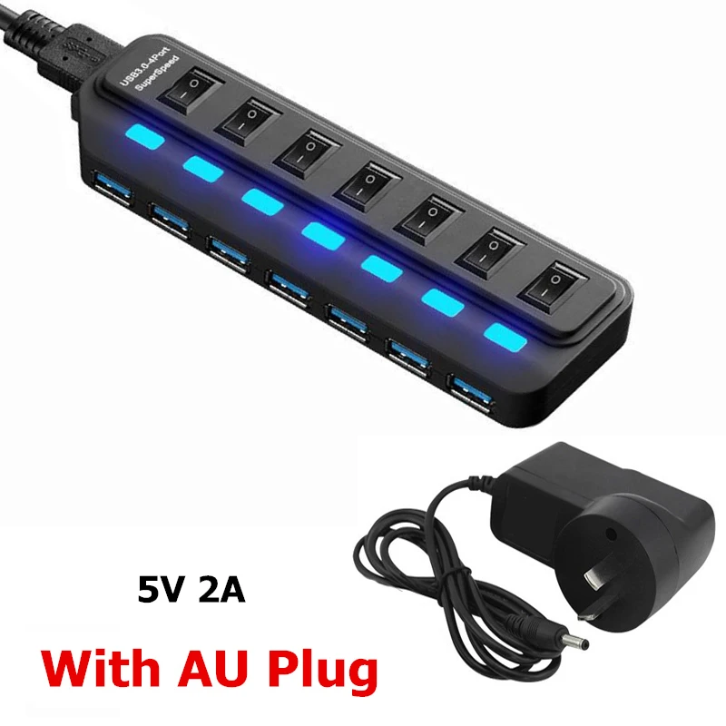 Концентратор USB 3,0, 4, 7 портов, светодиодный выключатель питания, USB высокоскоростной разветвитель, 5 Гбит/с, USB Hab, USB-HUB, EU, US, AU, UK адаптер