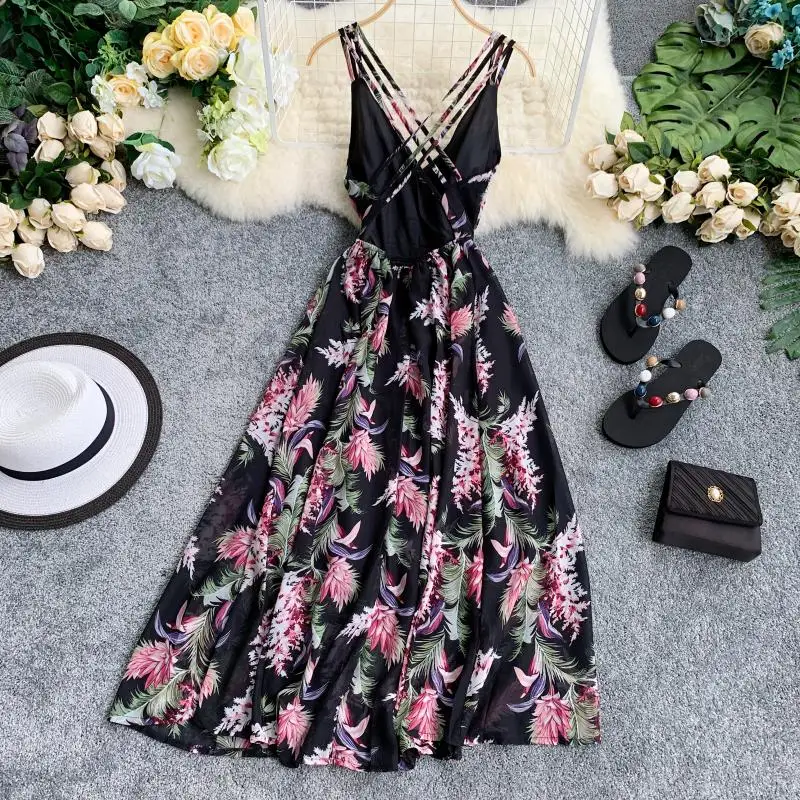 2019 новые модные женские платья тропический растительный принт шифоновая юбка