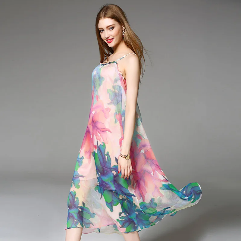 

A4ZT093 European and American 2017 boutique Women's Natural Silk Dress Suspenders Summer Print Beach Dress