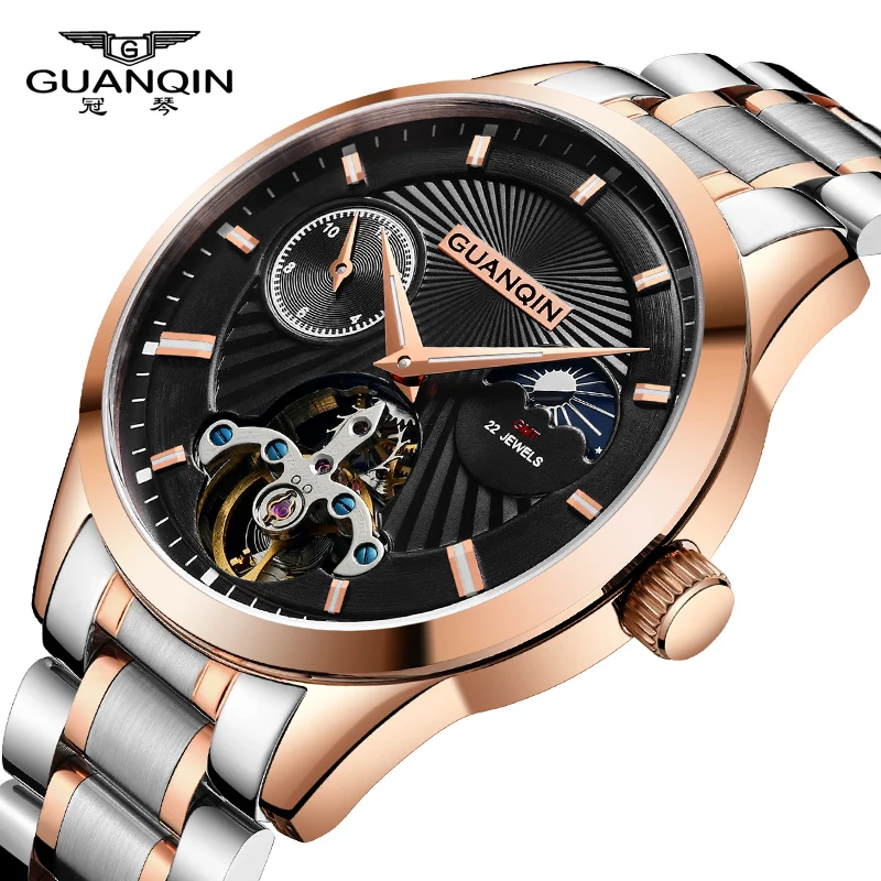 GUANQIN Automatic Watch Moon Phase Mens Leather Steel Strap Luminous Flywheel Display Men Wrist Watches GJ16105 New | Наручные часы