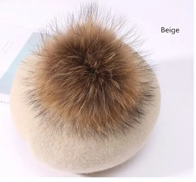 beige Зимние женские повседневные шерстяные береты, шапки, Толстая теплая шапка с помпоном из меха енота, вязаные кашемировые береты, шапки, зимняя шапка для девочек - Цвет: beige