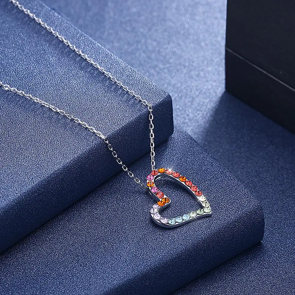 Радуга счастливое сердце кулон ожерелья S925 серебро Кристалл от Swarovski элемент