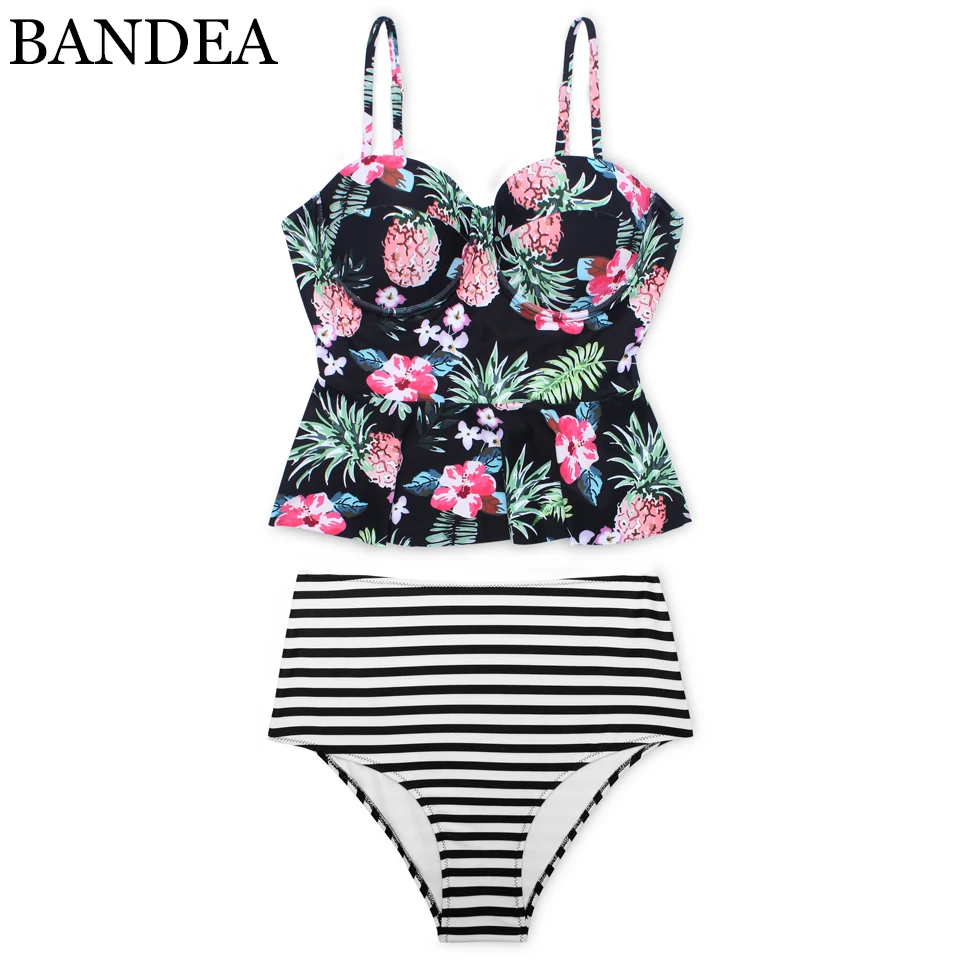 

BANDEA high waist bikini women swimsuit black stripe bottom push up bikini set print bandeau swimwear maillot de bain femme 2019