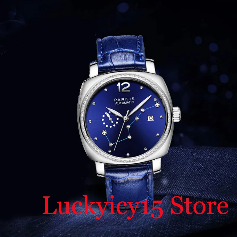 PARNIS Fashion Special Design Mechanical Automatic Men's Watch Royal Blue Dial 39mm Polished Leather Strap Sapphire Glass | Наручные
