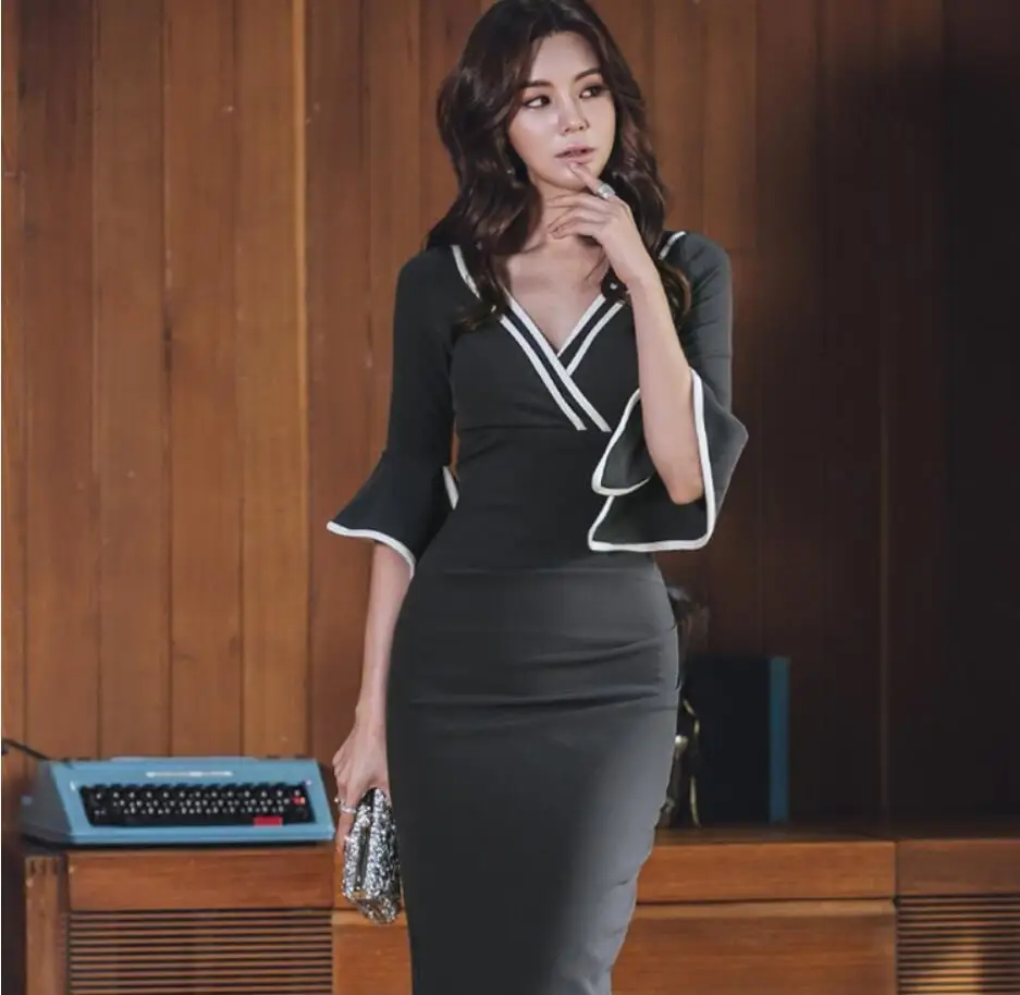 Vestidos Бесплатная доставка новое корейское платье с v-образным вырезом и