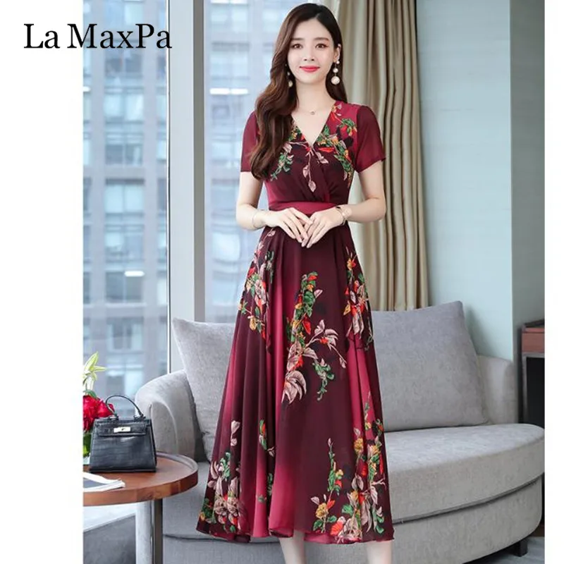 Loose Large Size Beach Vacation Dress New Arrival Print Chiffon Dress V Neck Fashion Elegant midi dress Casual korean dress - Цвет: Бургундия