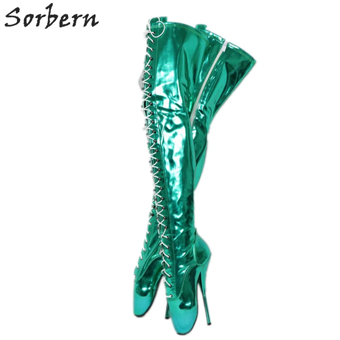 Green Metallic Sorbern/женские сапоги до середины бедра цвета металлик, зеленого цвета, балетные туфли на высоком каблуке, ботинки унисекс на шнуровке, пикантные туфли на высоком каблуке, Новинка - Цвет: Green Metallic