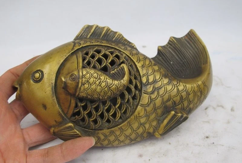 Китайская народная фэншуй Классическая Бронзовая медная рыба карп Курильница 0518