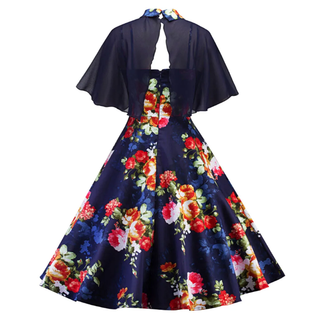 Винтажное синее Сетчатое платье с накидкой женское офисное из двух частей