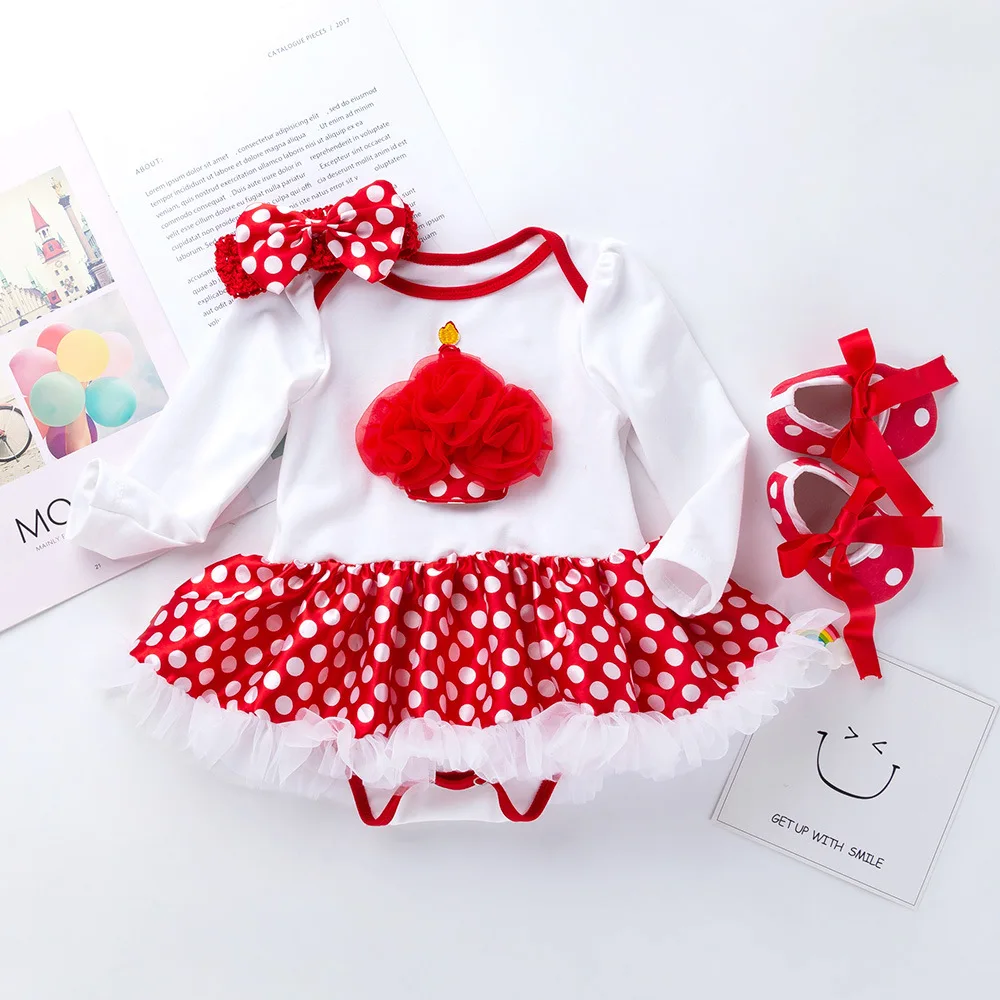 Newborn Baby Long Sleeve Polka Dot Mesh Tutu Bodysuits Princess Party Christening Baptism Jumpsuits 3Pcs Clothes |