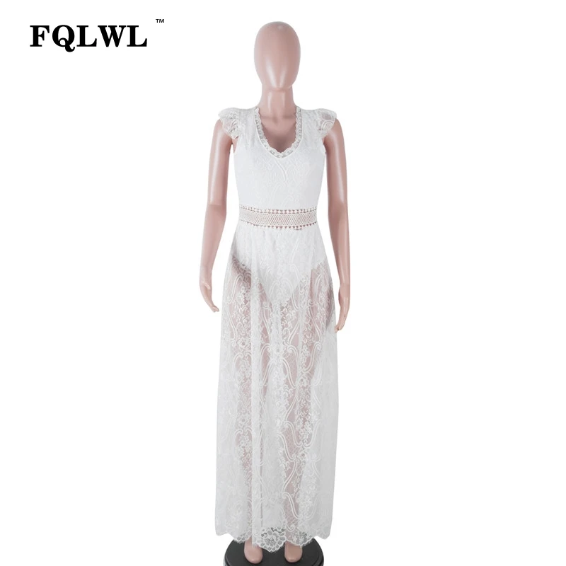 Женское прозрачное длинное кружевное платье FQLWL черное облегающее макси без