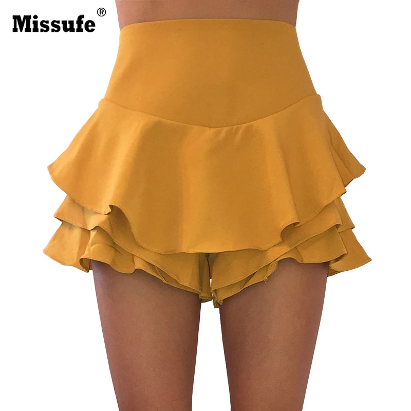 04 Yellow Missufe летние Многослойные Шорты с высокой талией и оборками Femmes короткая однотонная тонкая мини-юбка шорты для женщин - Цвет: 04 Yellow